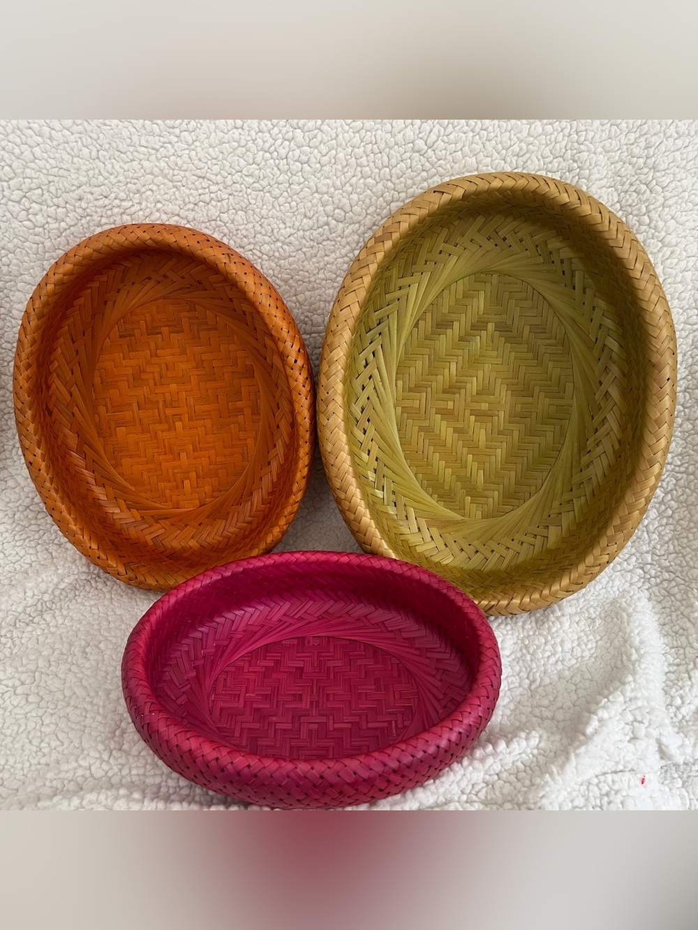 Crate & Barrel Woven Bambu Baskets Set of 3-Magenta, Orange, Natural color Oval
